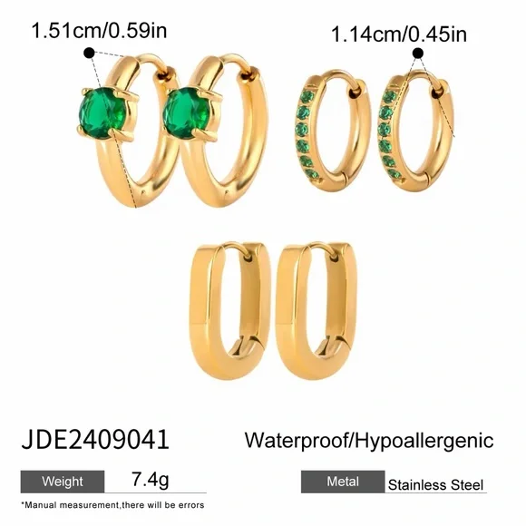 3 Pairs | 18K Gold Plated Green Hoop Earrings Set - Picture 6 of 7